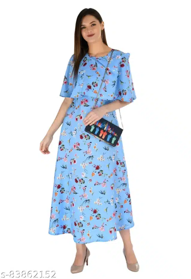 Women's Printed Dress (Blue, L) (BE-14)