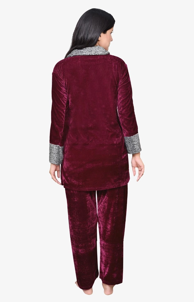 Velvet Solid Nightsuit for Women (Wine, M)