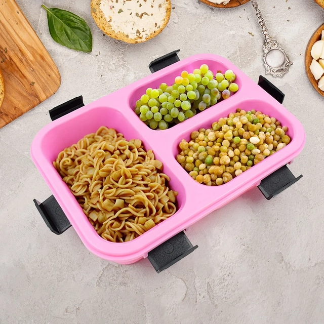 Plastic 3 Compartment Insulated Lunch Box for Kids (Multicolor)