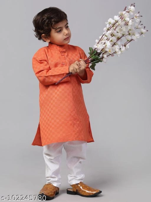 Cotton Kurta with Pyjama for Boys (Orange & White, 9-12 Months)