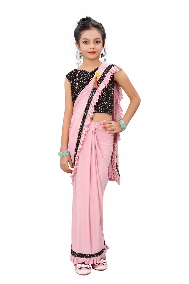 Ready To Wear Saree with Unstitched Blouse for Girls (Pink, 6-7 Years)
