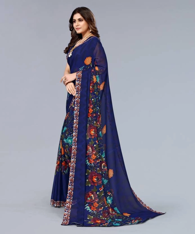 Georgette Printed Saree For Women (Blue, 6 M)