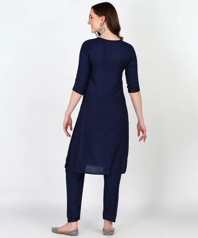 Rayon Embellished Kurti for Women (Navy Blue, S)