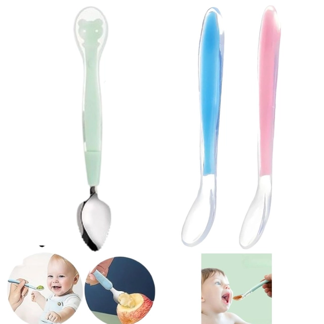 Combo of Silicone Double-Head & 2 Pcs Single-Head Feeding Spoon for Baby (Multicolor, Set of 3)