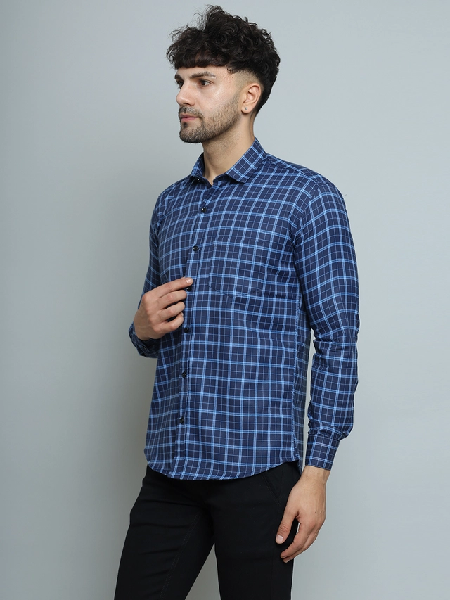 Full Sleeves Checked Shirt for Men (Blue, M)