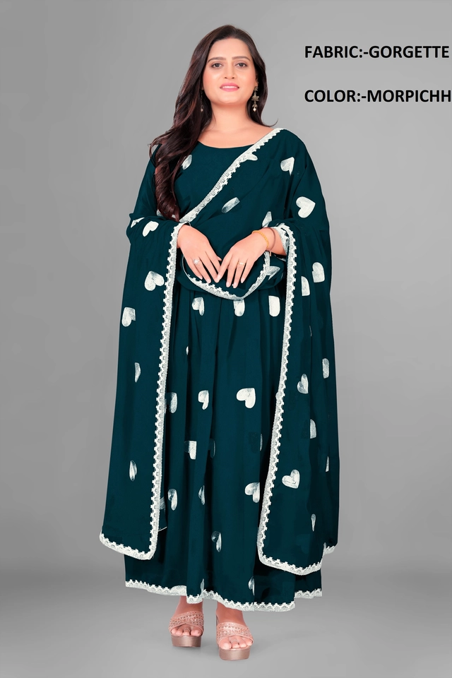 Georgette Ethnic Motif Gown with Dupatta for Women (Green & White, S)