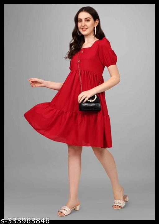 Crepe Solid Dress for Women (Red, S)