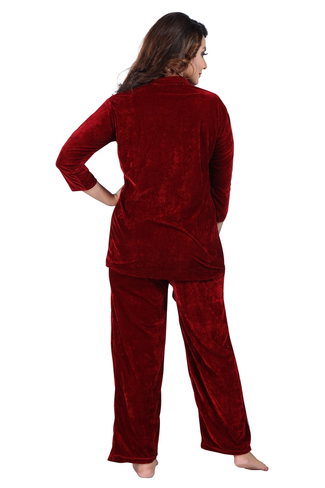 Velvet Solid Nightsuit for Women (Maroon, M)