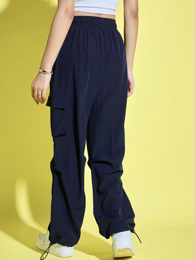 Polyester Loose Fit Trousers for Women (Navy Blue, 28)