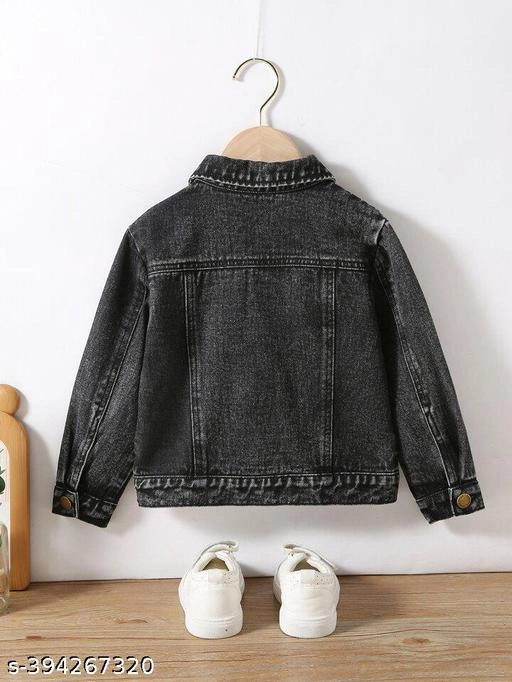 Denim Solid Jacket for Girls (Black, 5-6 Years)