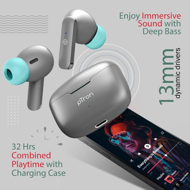 Ptron Wireless Earbuds Bluetooth with Charging Case (Grey)