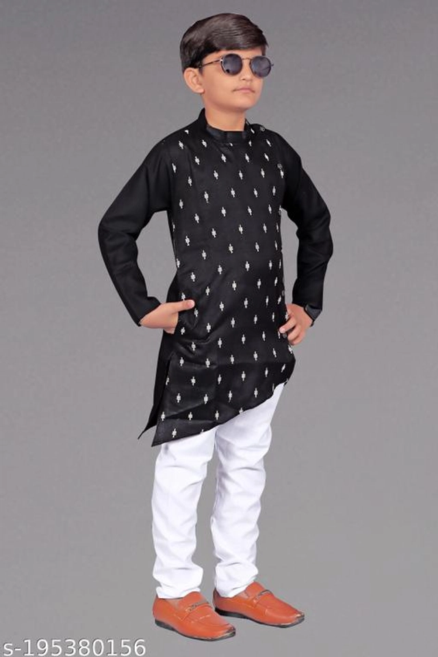 Cotton Blend Kurta Sets for Boys (3-4 Years, Black & White)