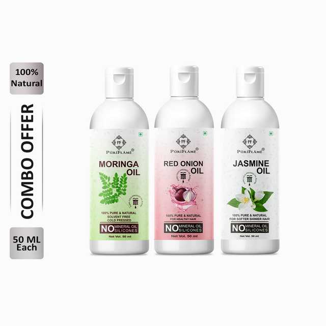 Puriflame Pure Moringa Oil (50 ml), Red Onion Oil (50 ml) & Jasmine Oil (50 ml) Combo for Rapid Hair Growth (Pack of 3) (B-11901)