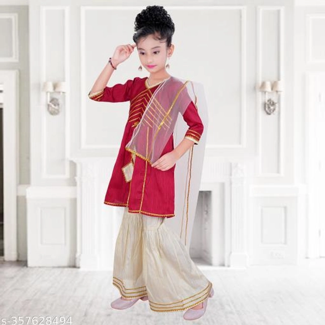 Poly Silk Kurta Sets for Girls (Red & White, 2-3 Years)