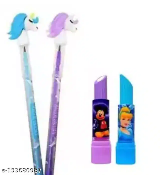 Combo of 2 Eraser with 2 Unicorn Pencil (Multicolor, Set of 4)