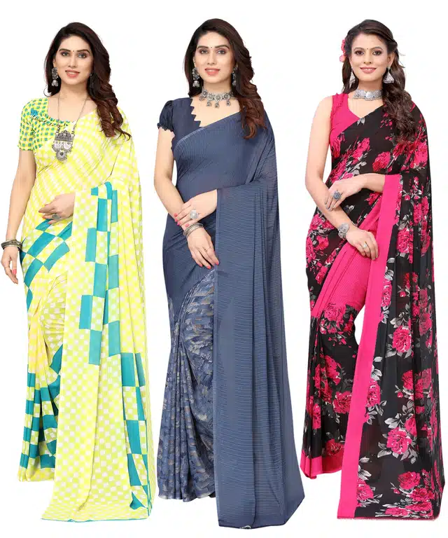 Women's Designer Floral Printed Saree with Blouse Piece (Pack of 3) (Multicolor) (SD-230)