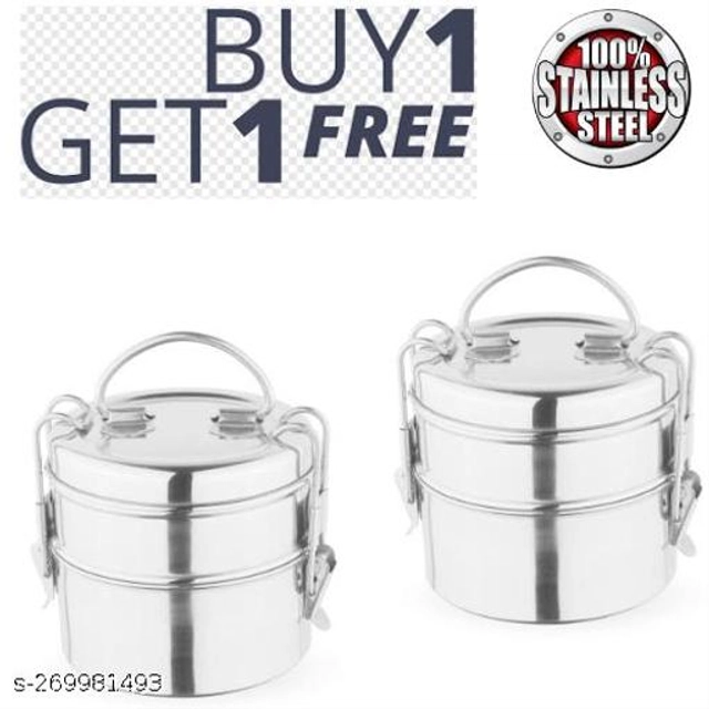 Stainless Steel 2 Layer Lunch Box (Silver, Pack of 2)