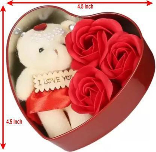 Artificial Roses with Teddy Bear Valentine's Day Gift Box (Multicolor)