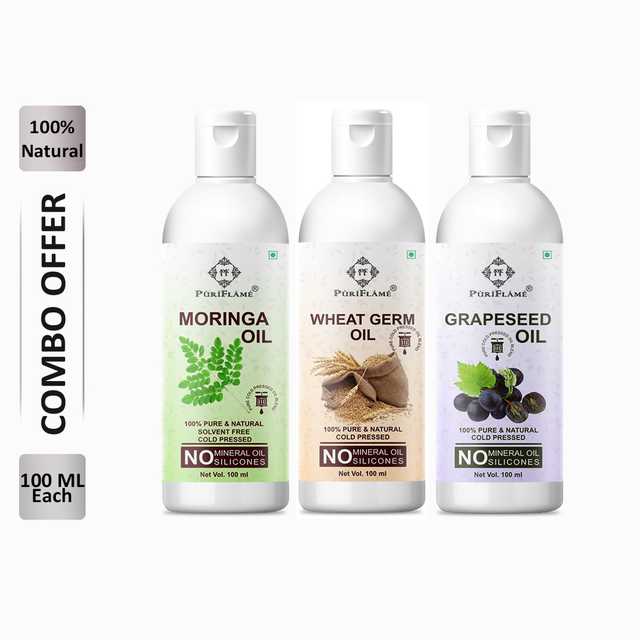 PuriFlame Pure Moringa Oil (100 ml) & Wheat Germ Oil (100 ml) & Grapeseed Oil (100 ml) Combo For Rapid Hair Growth (Pack Of 3) (B-5678)