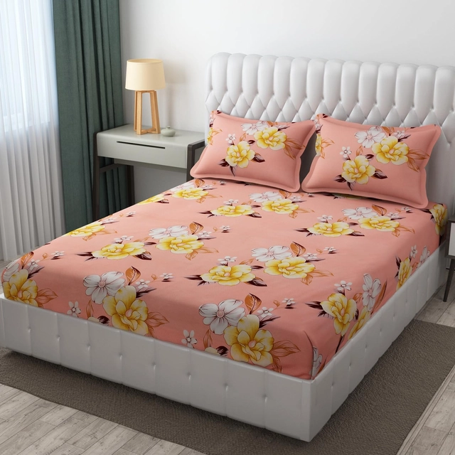 Polycotton Printed Double Size Bedsheet with 2 Pillow Covers (Pink, 90x100 inches)