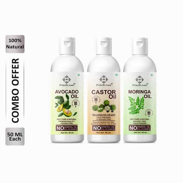 Puriflame Pure Avocado Oil (50 ml), Castor Oil (50 ml) & Moringa Oil (50 ml) Combo for Rapid Hair Growth (Pack Of 3) (B-8977)