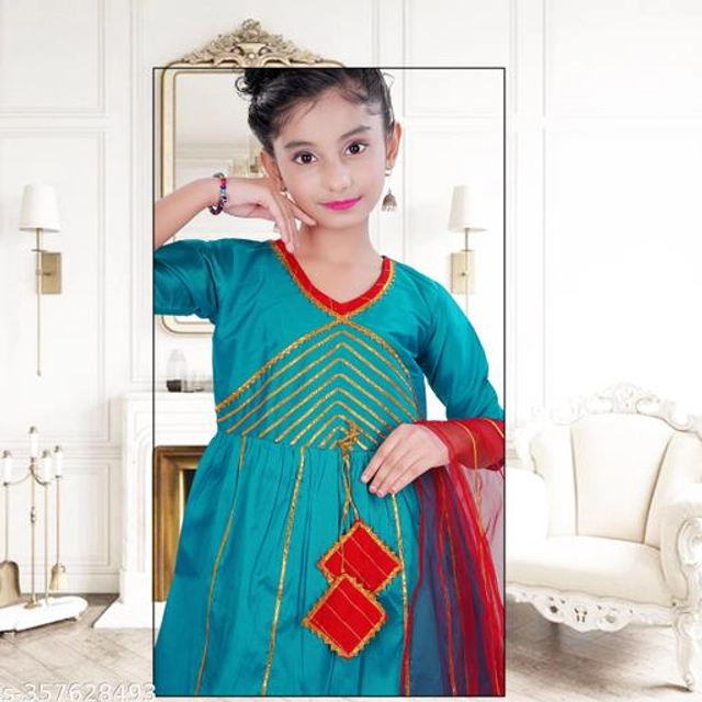 Poly Silk Kurta Sets for Girls (Teal & Red, 2-3 Years)