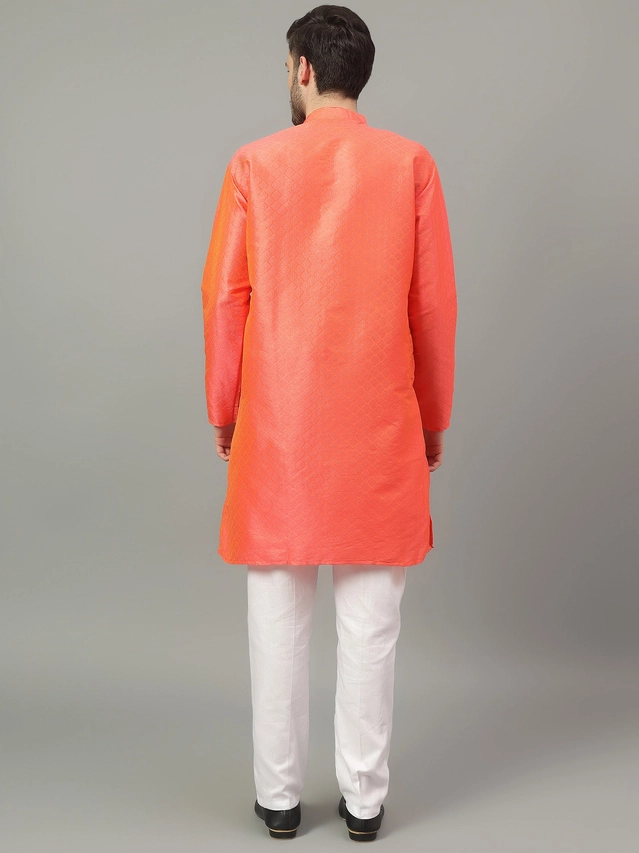 Jacquard Solid Kurta with Pant for Men (Orange, S)