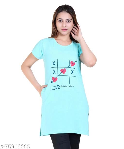 Round Neck Printed Long T-Shirt for Women (Aqua Blue, M)