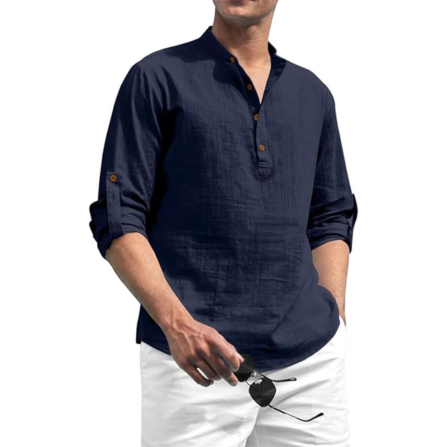 Cotton Solid Kurta for Men (Navy Blue, S)