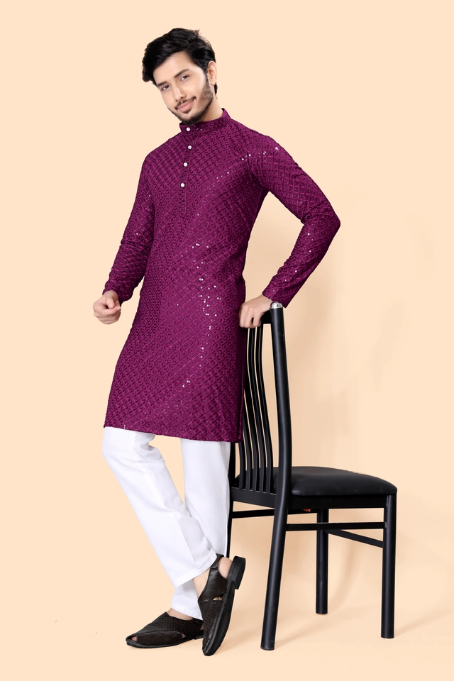 Cotton Blend Embroidered Kurta for Men (Purple, S)