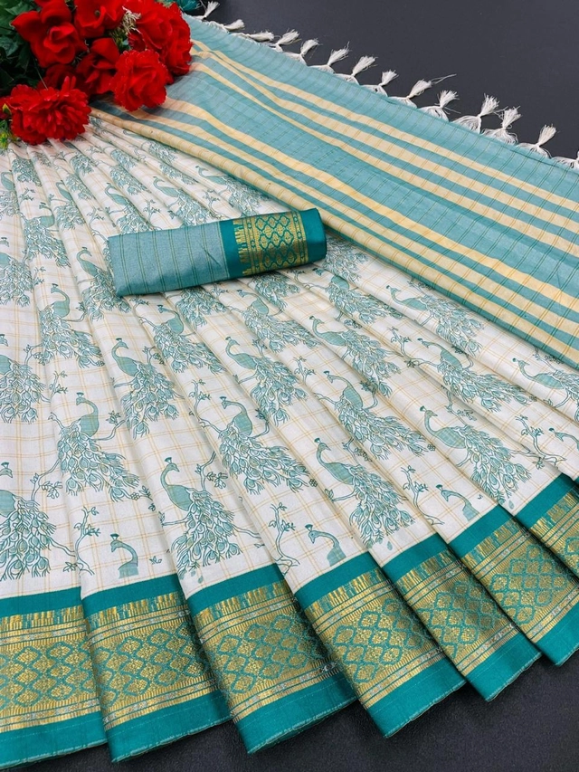 Banarasi Silk Printed Saree for Women (Teal & Cream, 6.3 m)