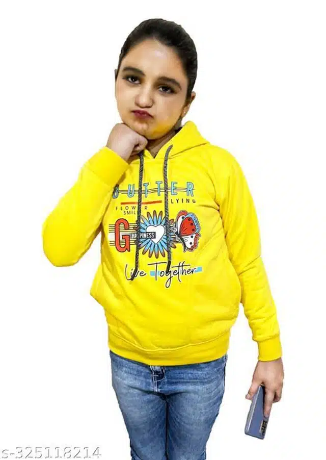 Fleece Printed Full Sleeves Hooded Sweatshirt for Girls (Yellow, 3-4 Years)