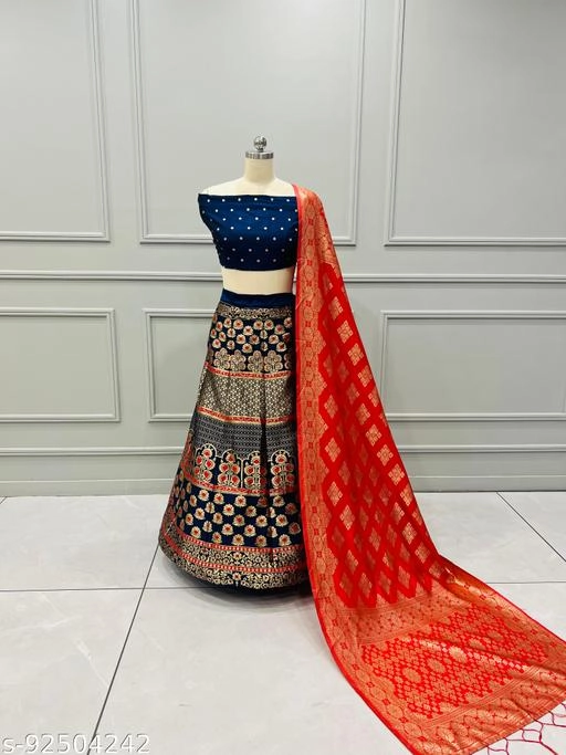 Art Silk Zari Semi Stitched Lehenga with Choli & Dupatta for Women (Navy Blue & Red)