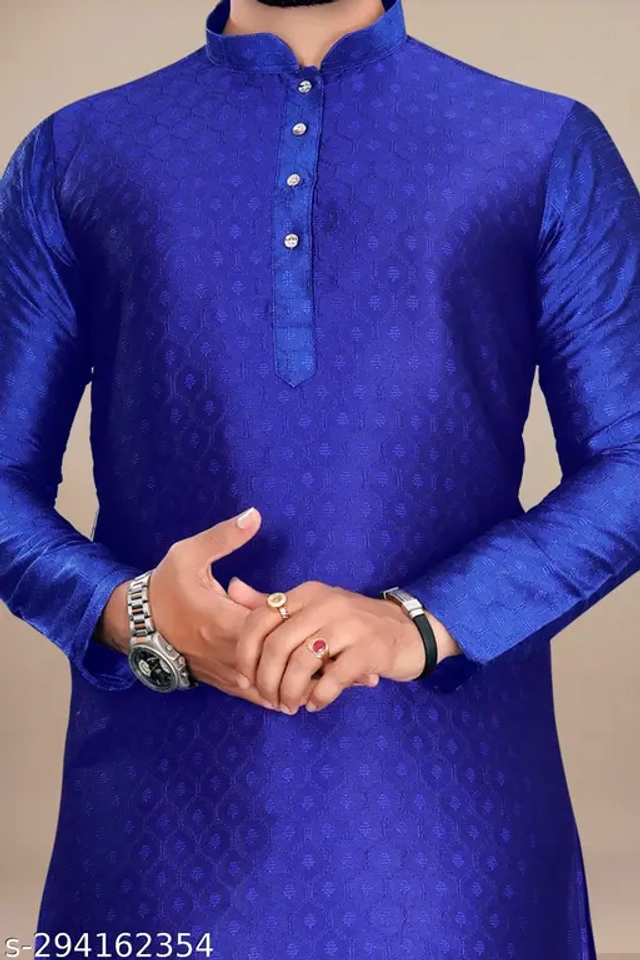 Cotton Blend Printed Kurta with Pyjama for Men (Royal Blue & White, S)