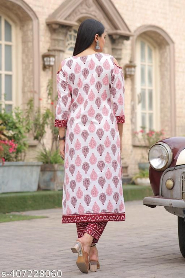 Cotton Linen Printed Kurti with Pant for Women (Maroon & White, S)