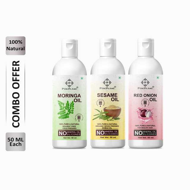 Puriflame Pure Moringa Oil (50 ml), Sesame Oil (50 ml) & Red Onion Oil (50 ml) Combo for Rapid Hair Growth (Pack of 3) (B-11940)