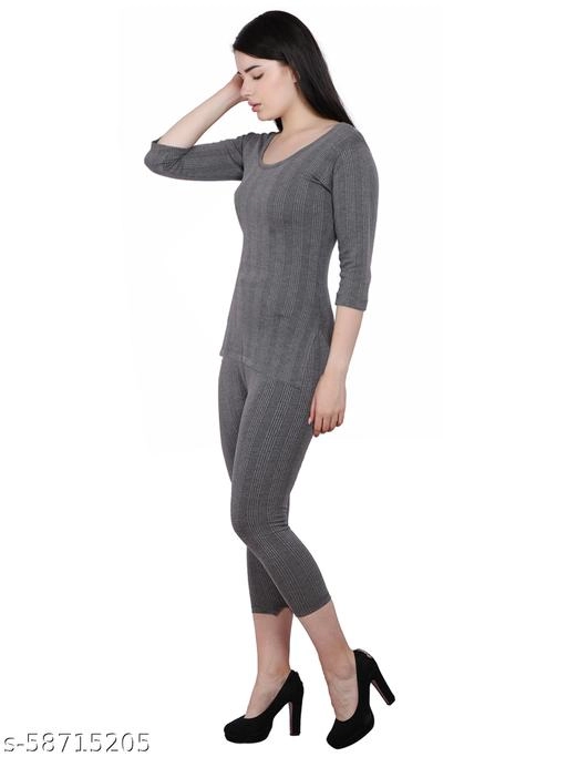 Cotton Blend Thermal Set for Women (Grey, M)