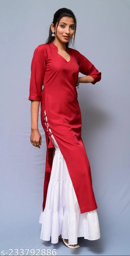 Polyester Solid Kurti with Palazzo for Women (Maroon & White, XS)