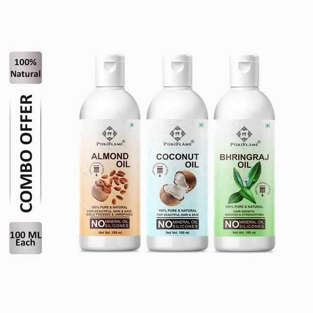 PuriFlame Pure Almond Oil (100 ml) & Coconut Oil (100 ml) & Bhringraj Oil (100 ml) Combo For Rapid Hair Growth (Pack Of 3) (B-1677)