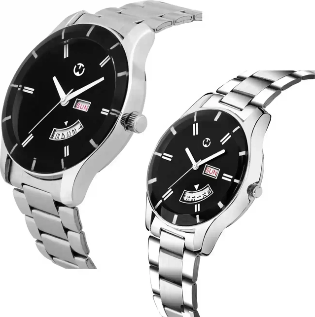 Stainless Steel Analog Couple Watch (Silver & Black, Pack of 2)