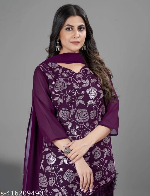 Georgette Embroidered Kurti with Sharara & Dupatta for Women (Purple, S)