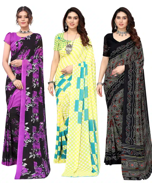 Women's Designer Floral Printed Saree with Blouse Piece (Pack of 3) (Multicolor) (SD-185)
