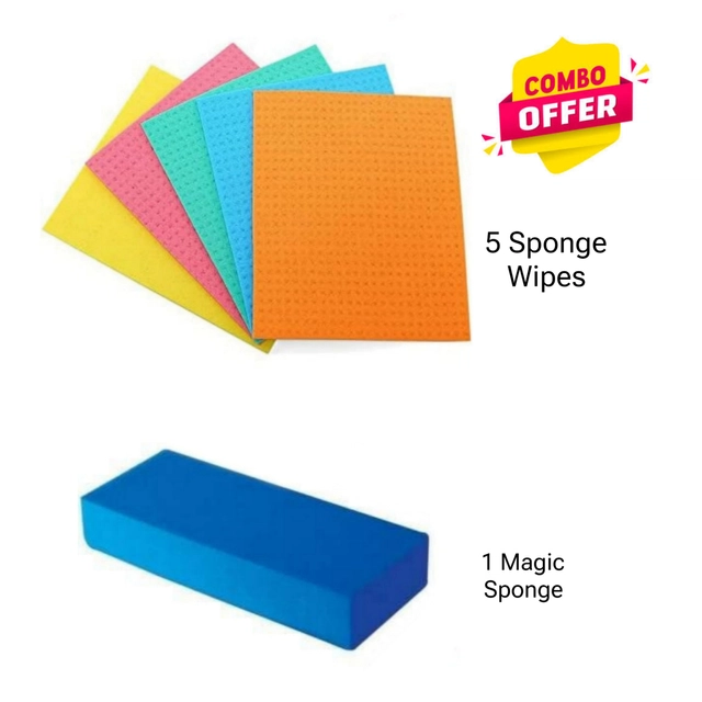 Silicone Reusable Kitchen Cleaning 5 Pcs Wipes with Magic Sponge (Multicolor, Set of 2)