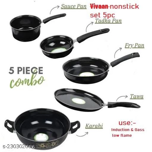 Combo of Sauce Pan, Tadka Pan, Fry Pan, Tawa & Kadai (Black, Set of 5)