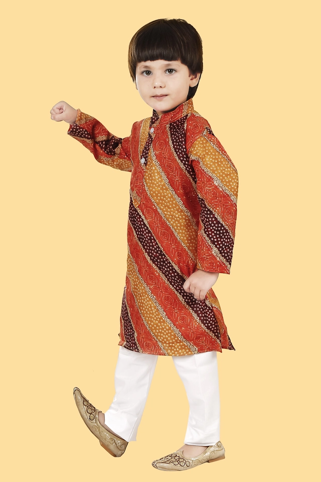 Cotton Blend Printed Kurta with Pyjama for Boys (Orange & White, 2-3 Years)