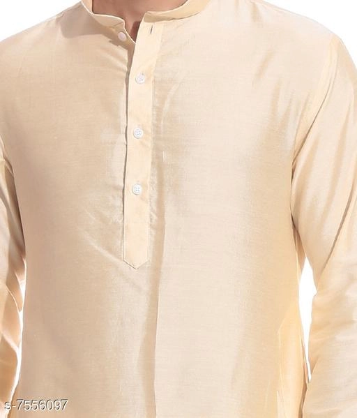 Dupion Silk Solid Kurta with Pyjama for Men (Cream, S)