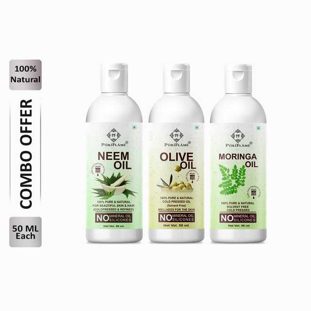 Puriflame Pure Neem Oil (50 ml), Olive Oil (50 ml) & Moringa Oil (50 ml) Combo for Rapid Hair Growth (Pack of 3) (B-12175)