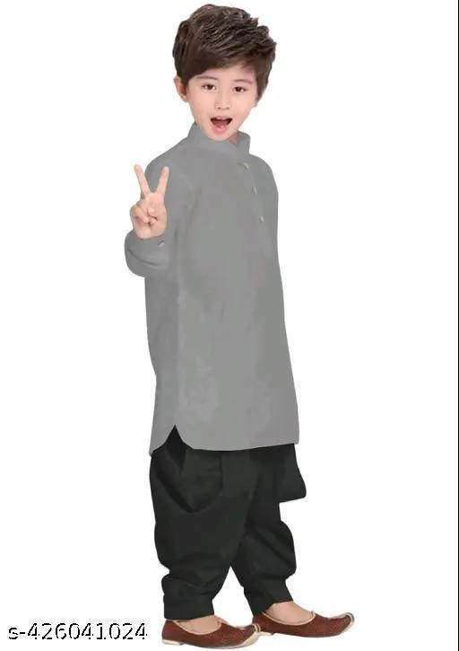 Cotton Solid Kurta with Pyjama for Boys (2-3 Years, Grey & Black)