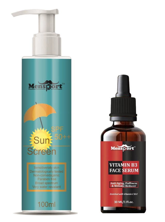 Mensport Broad Spectrum SPF Sunscreen Lotion (100 ml) with Vitamin B3 Face Serum (30 ml) (Set of 2)