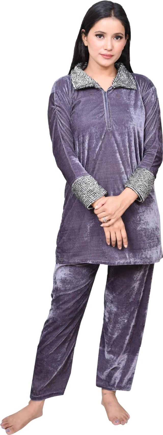 Velvet Solid Nightsuit for Women (Grey, M)